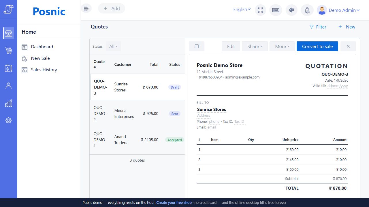 Live Posnic quotation detail with Edit Share More and Convert to sale actions