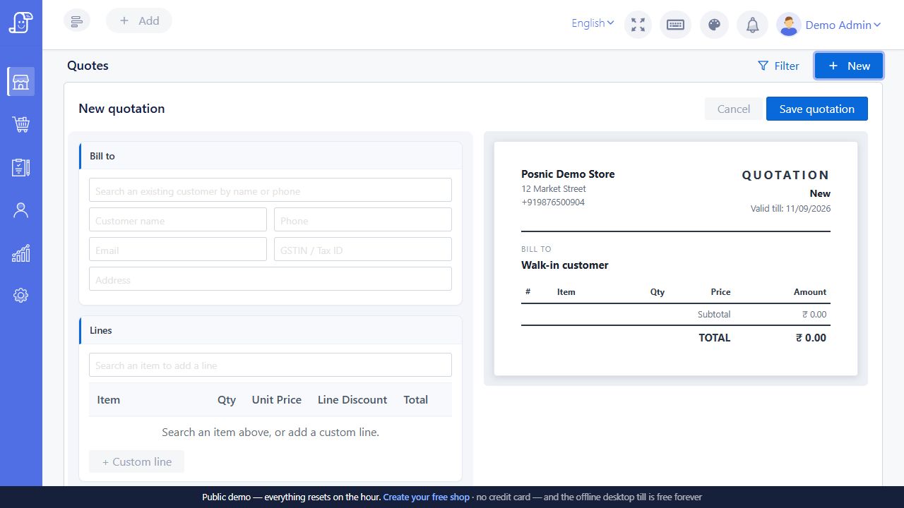 Live Posnic New quotation workspace with Bill to fields lines and document preview