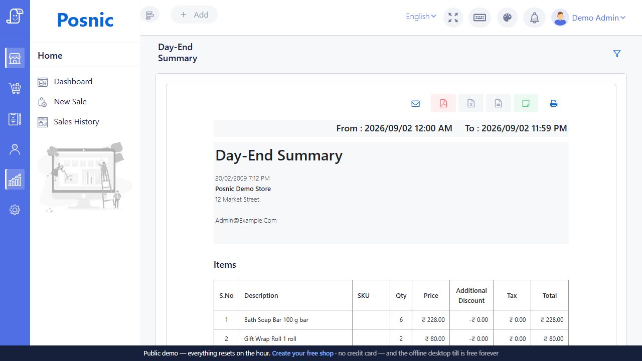 Day-End Summary report with print PDF CSV Excel email and day-close slip actions