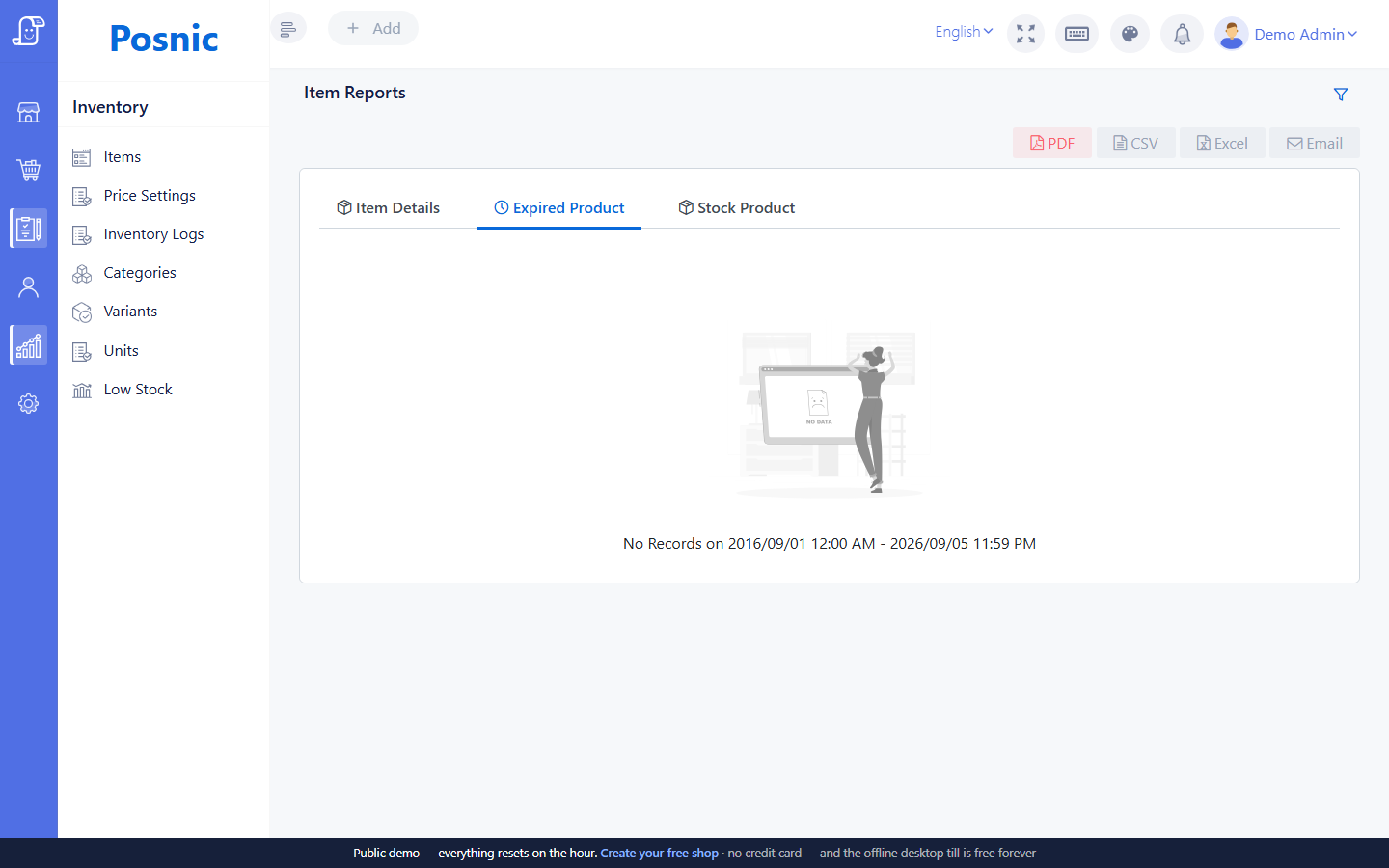 Current Posnic Item Reports Expired Product tab