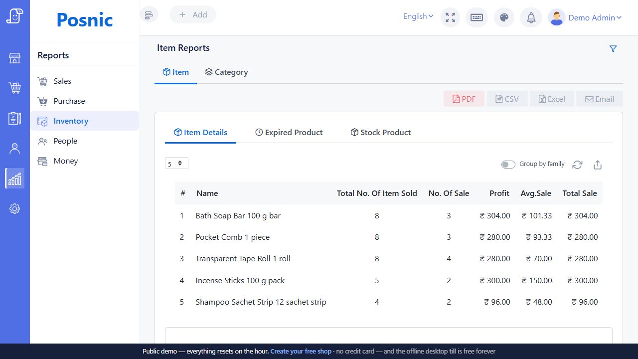 Item Reports page with Item Details Expired Product and Stock Product tabs