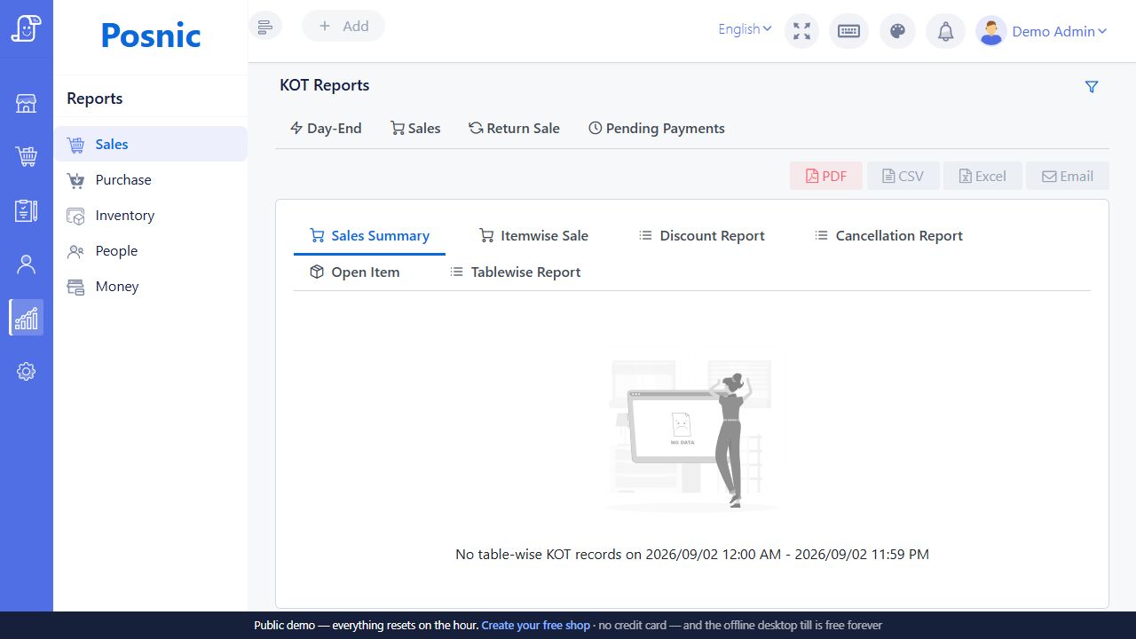 KOT Reports page with sales summary itemwise sale discount cancellation open item and tablewise tabs