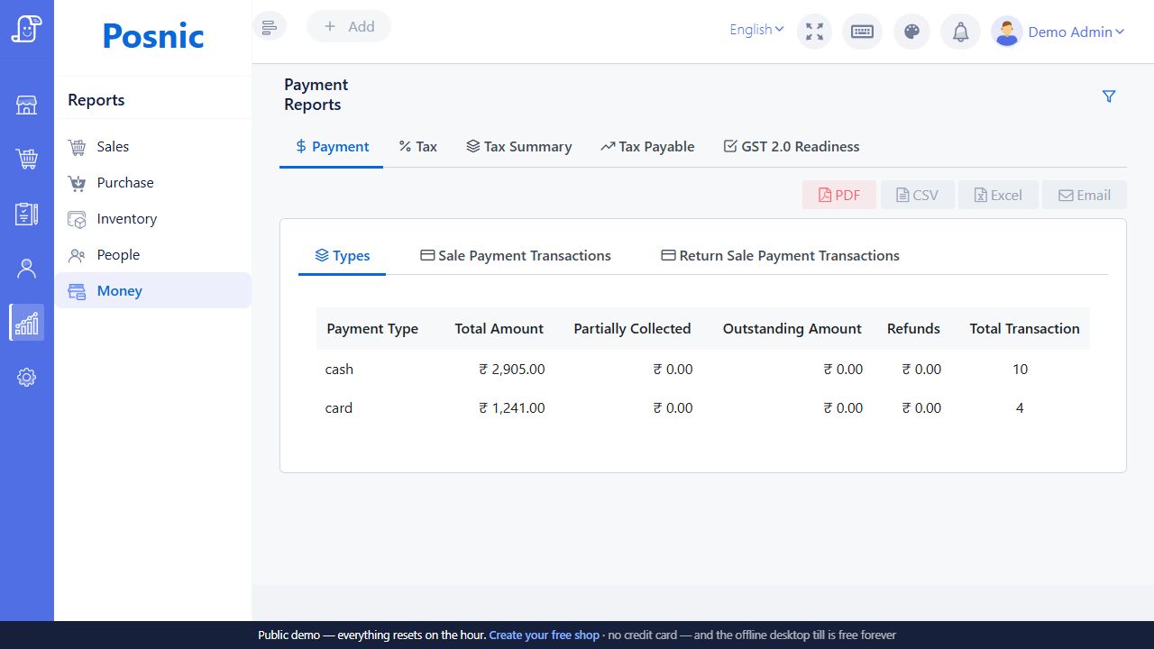 Payment Reports page with payment type totals and Money group tabs