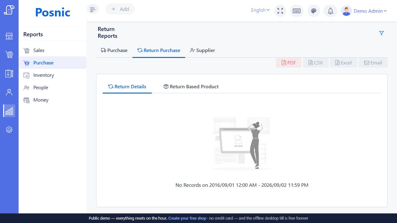 Return purchase report screen used to verify supplier returns