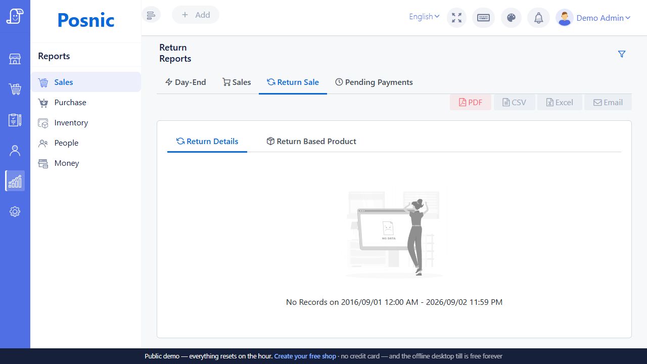 Return Sale report with sale return tabs and export actions