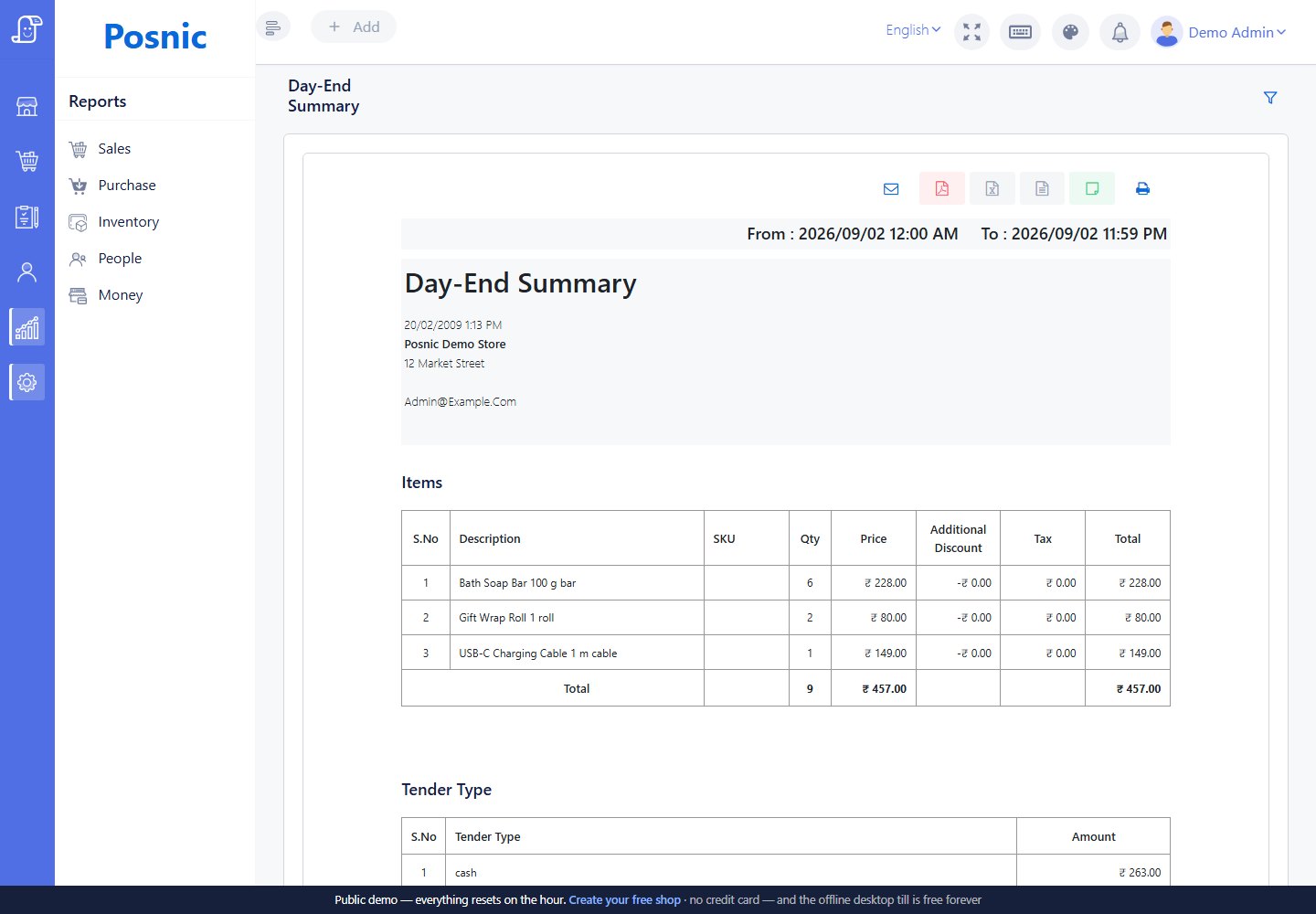Sales report day-end summary with item and tender totals