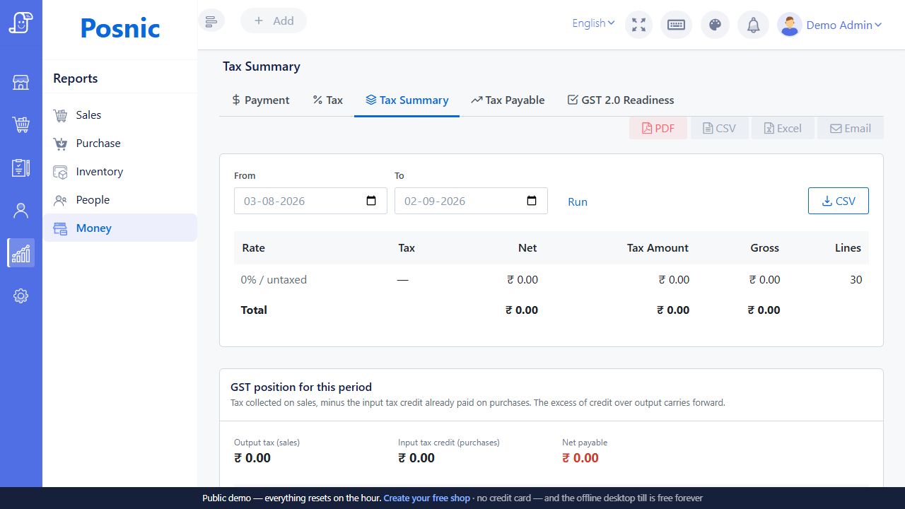 Posnic Tax Summary showing saved purchase and sales tax by rate