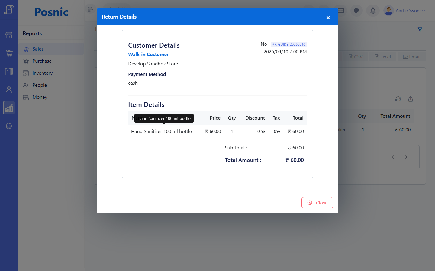 Current Posnic Return Details modal showing customer payment method returned item price quantity discount tax subtotal and total
