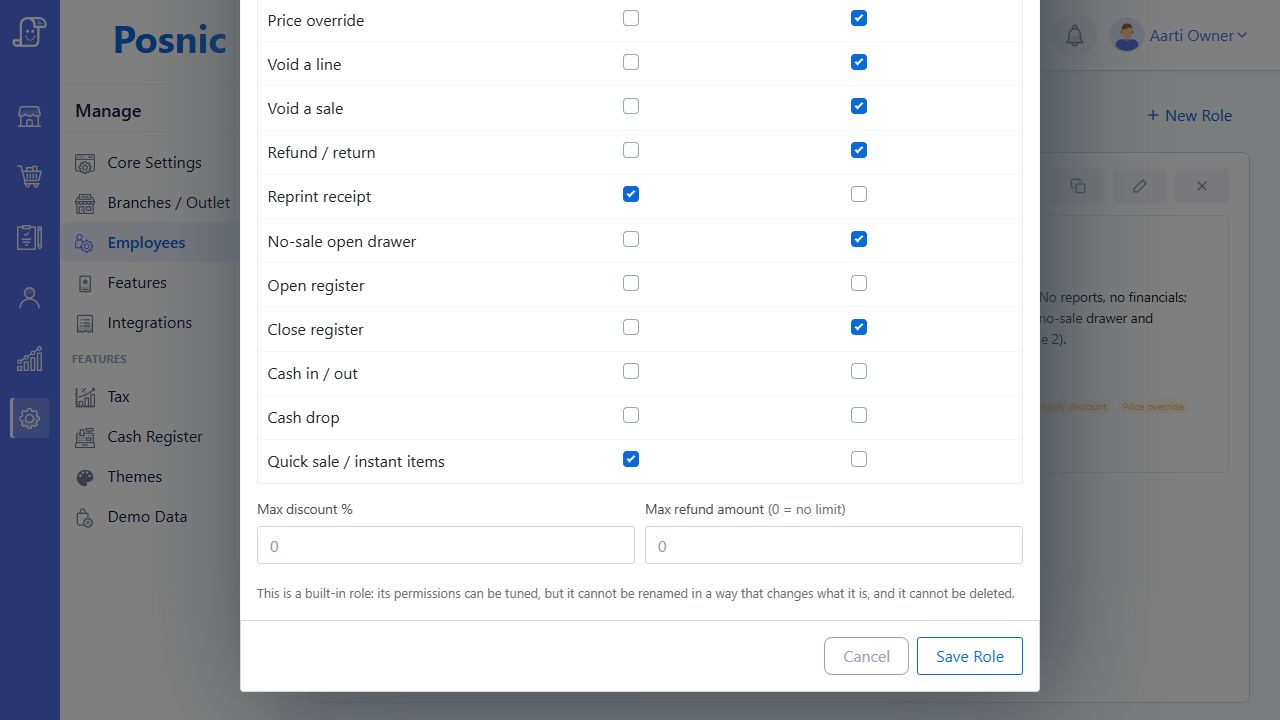 Current Posnic Cashier role editor showing register, cash, quick sale permissions and discount and refund limits