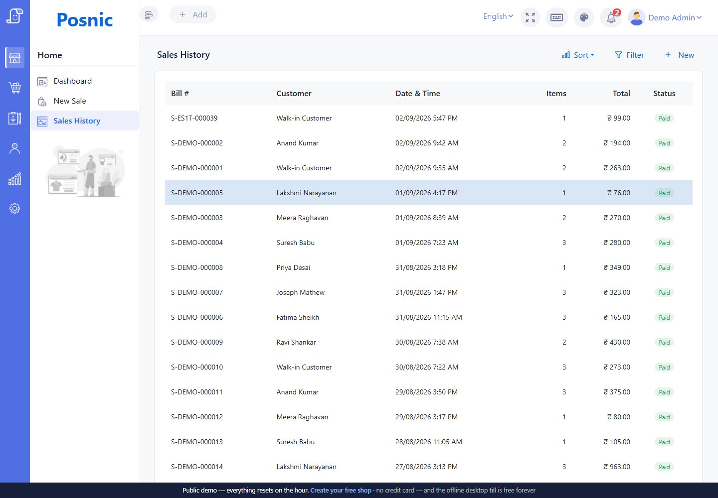 Sales History with saved sale actions