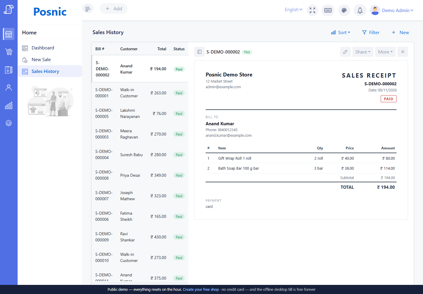 Live Posnic Sales History split view with selected bill list and complete sales receipt pane