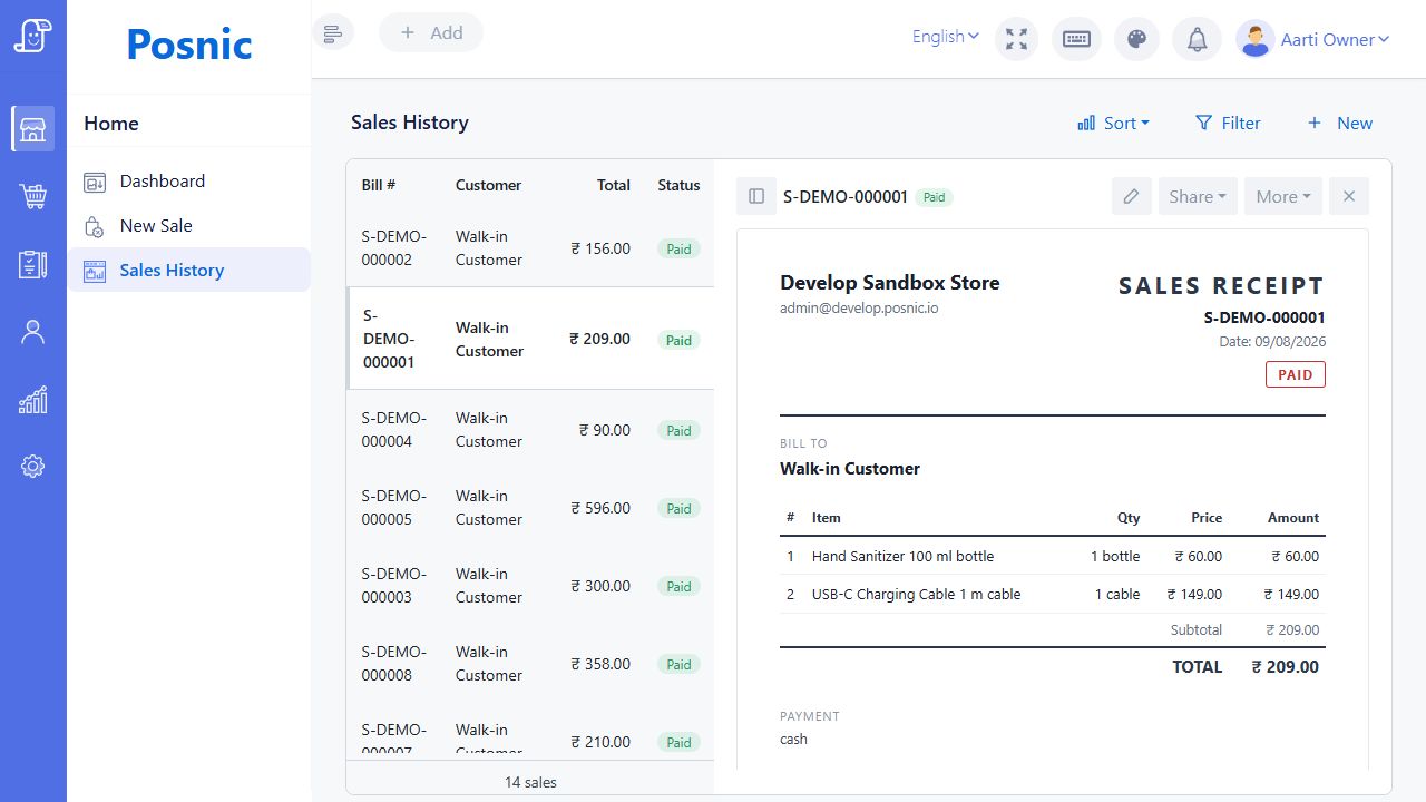 Current Posnic Sales History with saved bills and an opened sale document