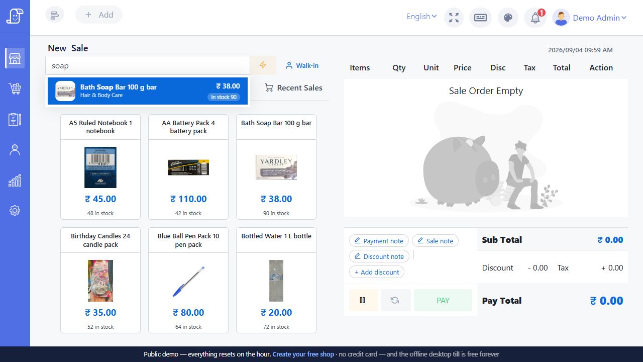 Live Posnic item search suggestions showing Bath Soap Bar with category, price and stock