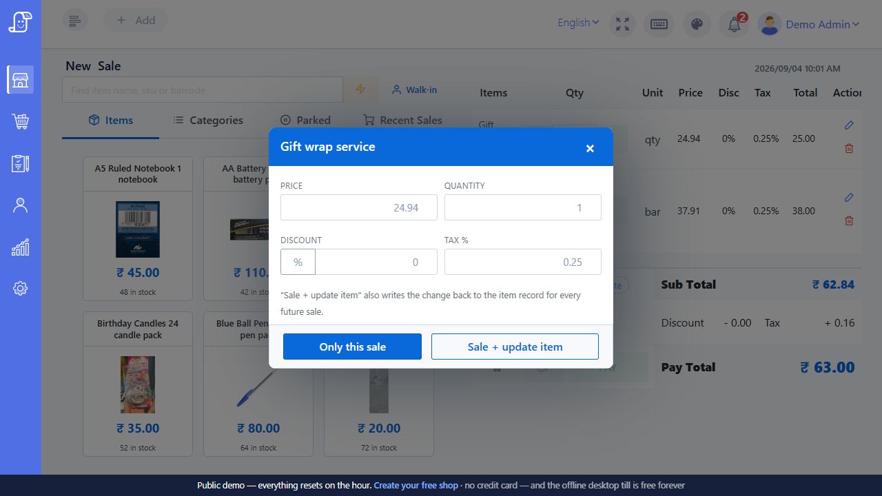Live Posnic sale line edit modal with price quantity discount tax and update item option