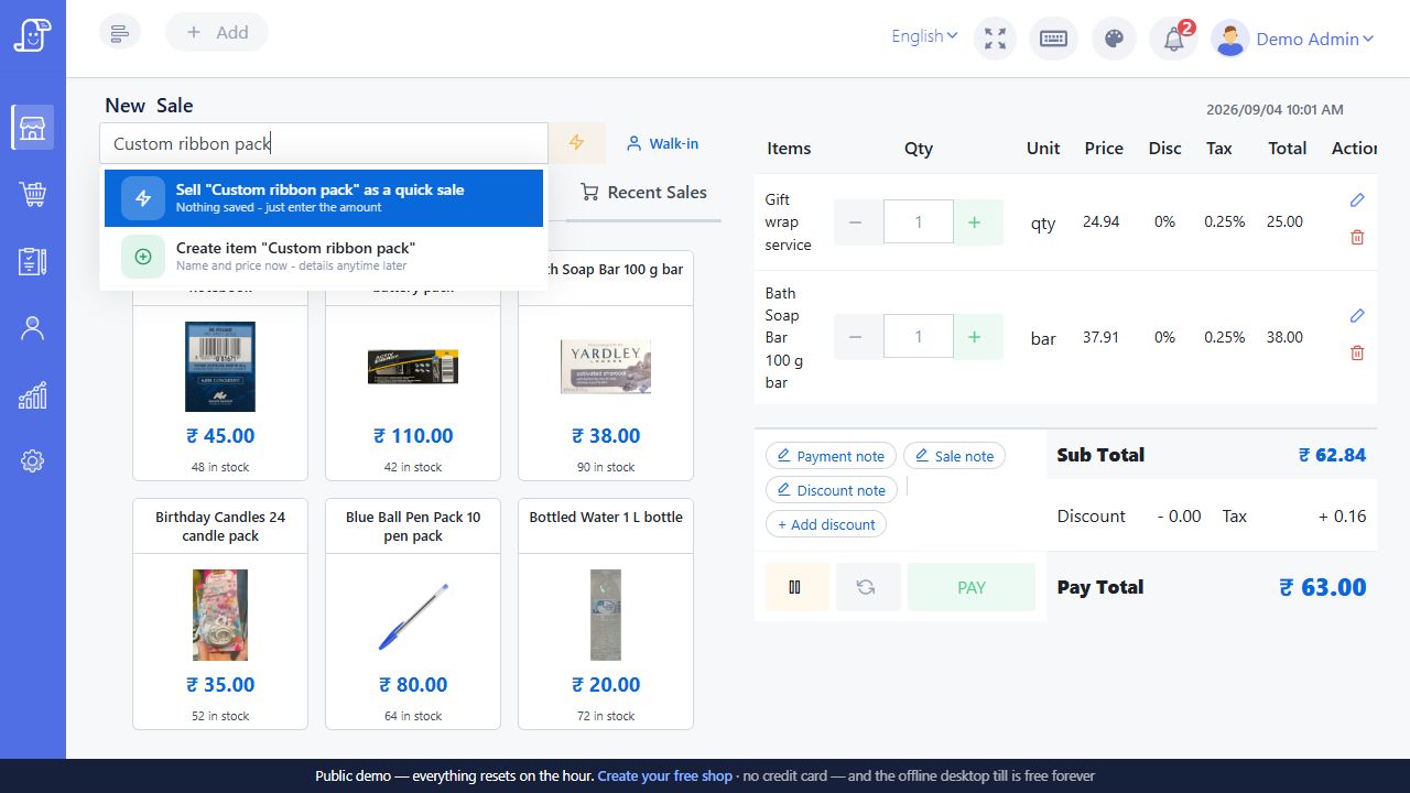 Live Posnic no-match search fallback offering Sell as quick sale and Create item