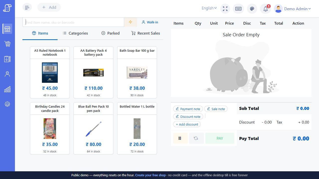 Live Posnic New Sale screen with item search, Quick Sale, customer picker, item tiles and empty sale cart