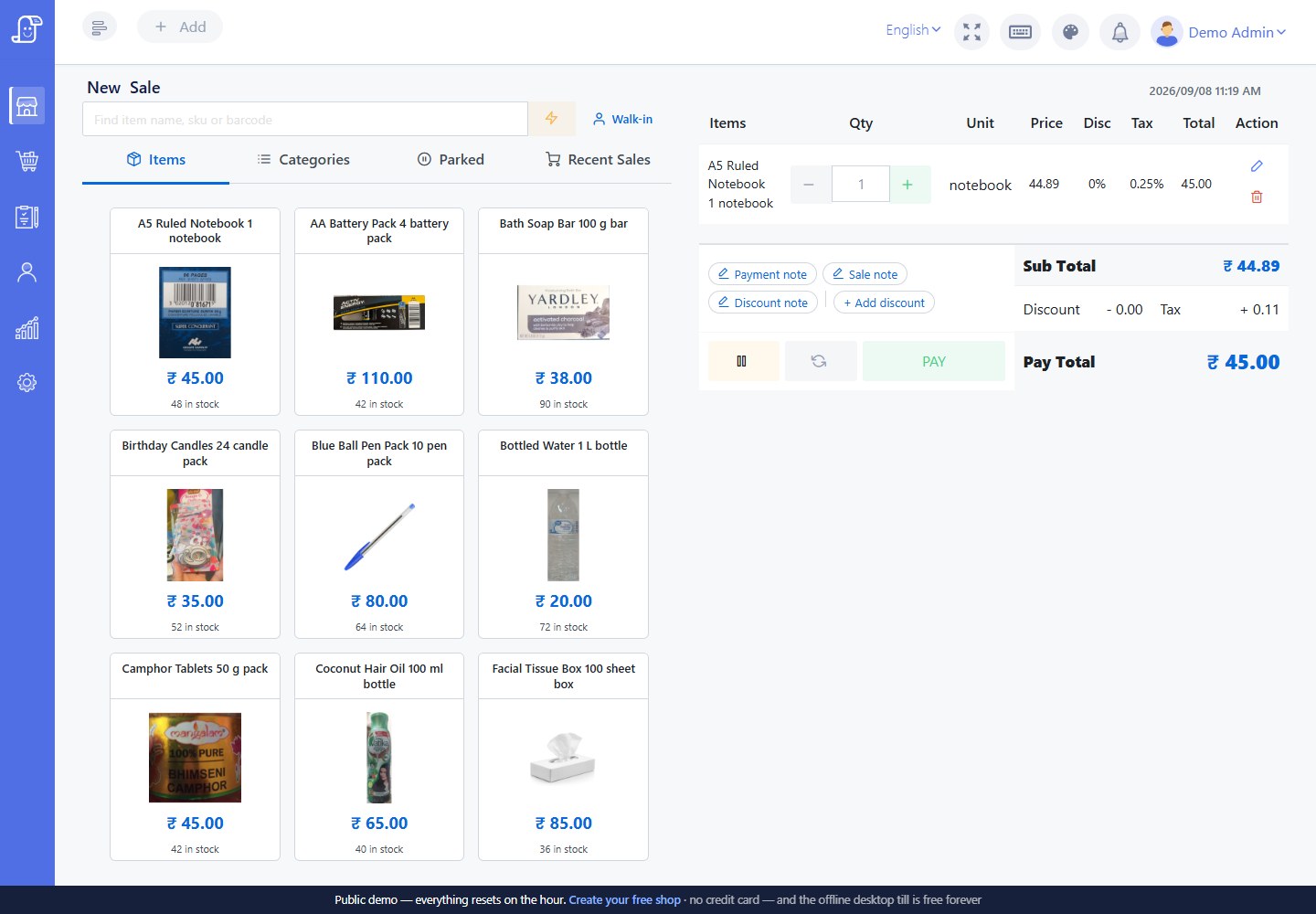 Live Posnic New Sale screen with an item in the cart and Hold Reset and Pay controls