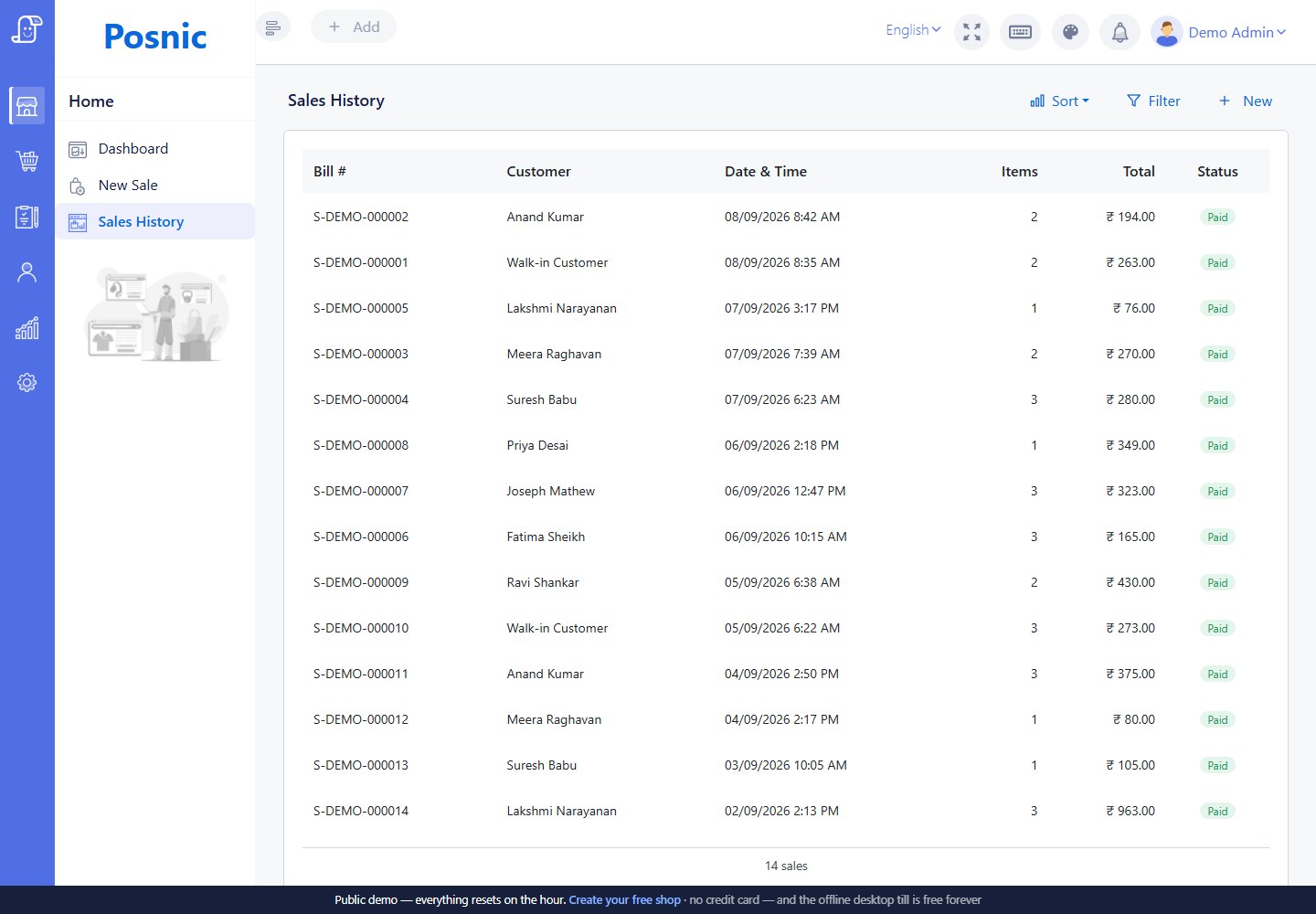 Current Posnic Sales History page listing bill number customer date items total and paid status