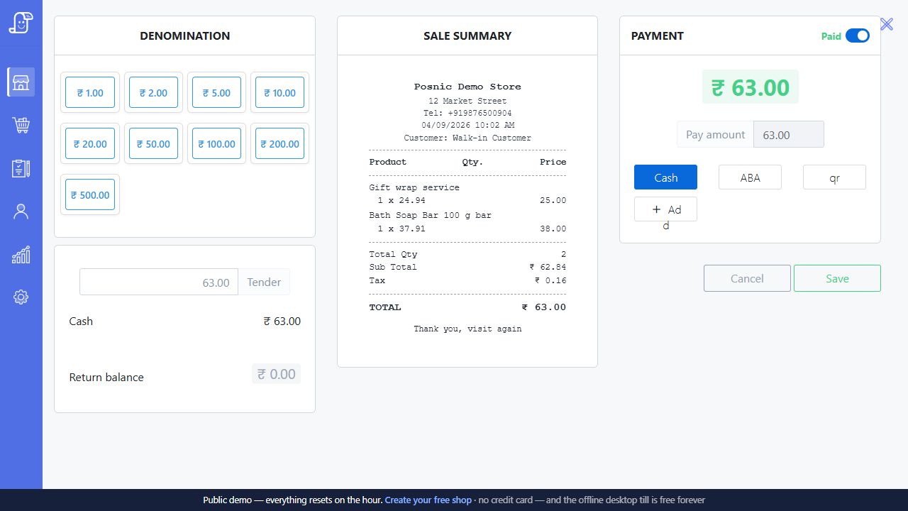 Live Posnic tender drawer with denominations receipt preview paid switch pay amount and payment methods