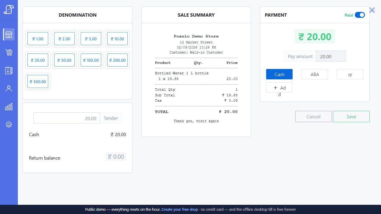 Current Posnic sale tender showing Cash and configured payment methods