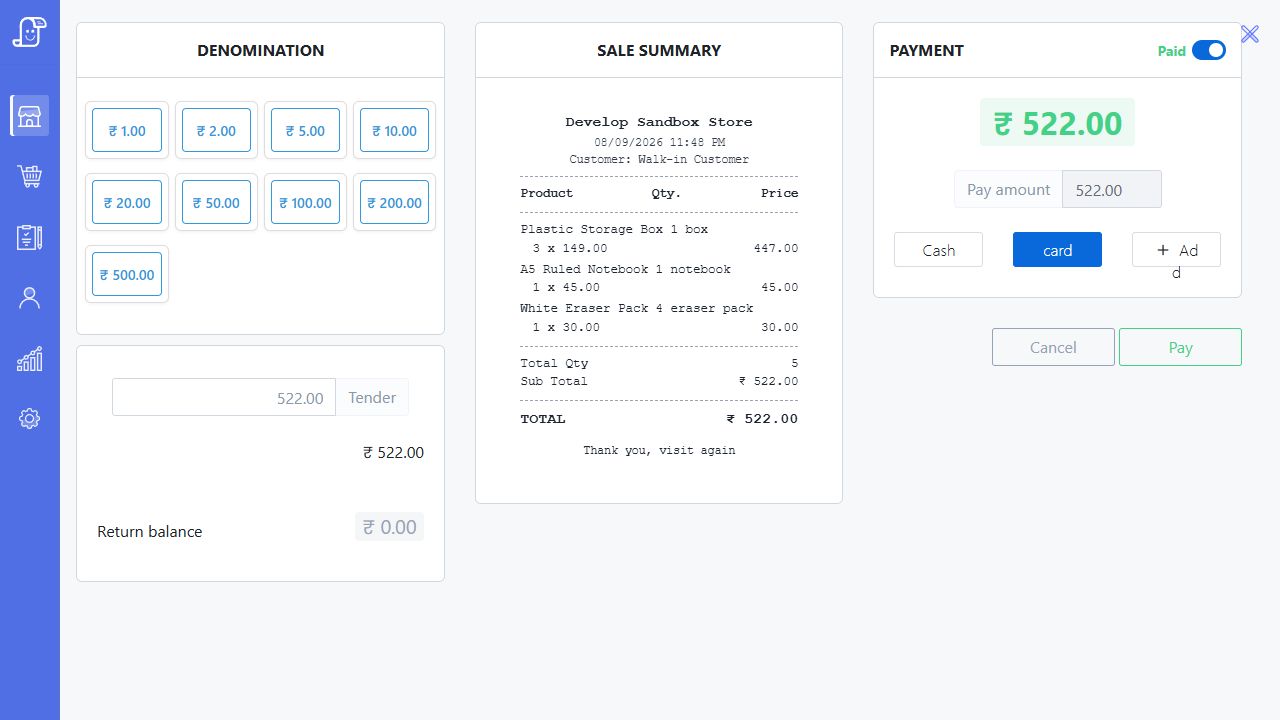 Current Posnic payment-only tender showing denominations, sale summary, Paid switch, amount and payment methods