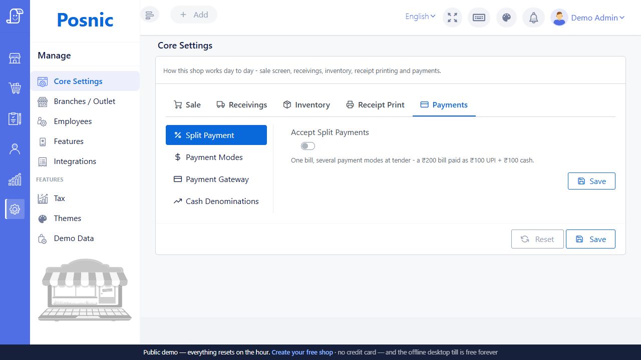 Current Posnic Core Settings Payments navigation with Payment Gateway between Payment Modes and Cash Denominations