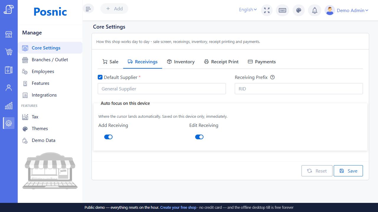 Live Posnic Core Settings Receivings tab with Default Supplier and receiving controls