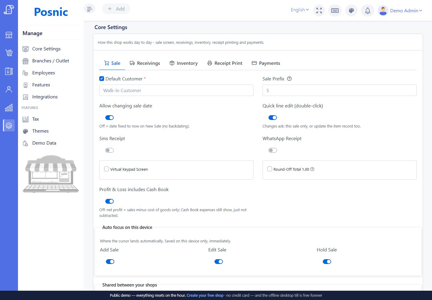 Core sale settings including quick line edit, receipts and autofocus