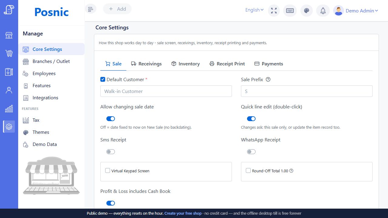 Core Settings sale tab with default customer sale prefix date editing quick line edit receipts keypad rounding and profit and loss options