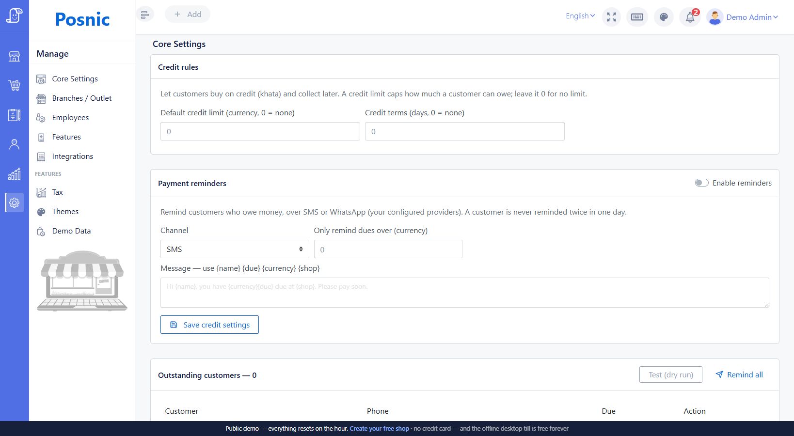Customer Credit settings with default limit terms reminders and outstanding customers table