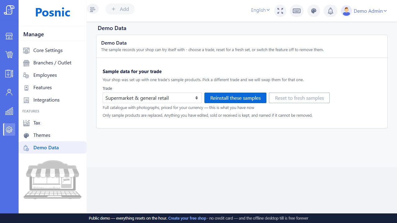 Demo Data page with trade selector install samples reset samples and sample retention note