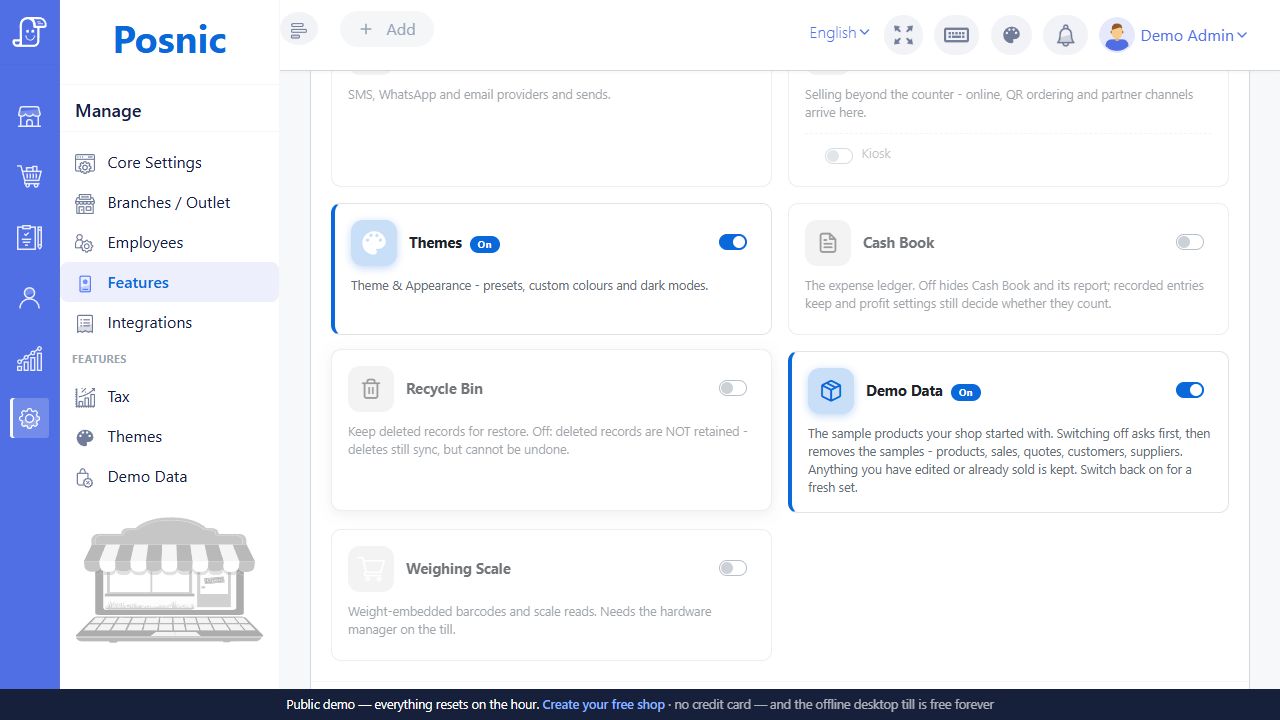 Posnic Features page showing the Weighing Scale switch