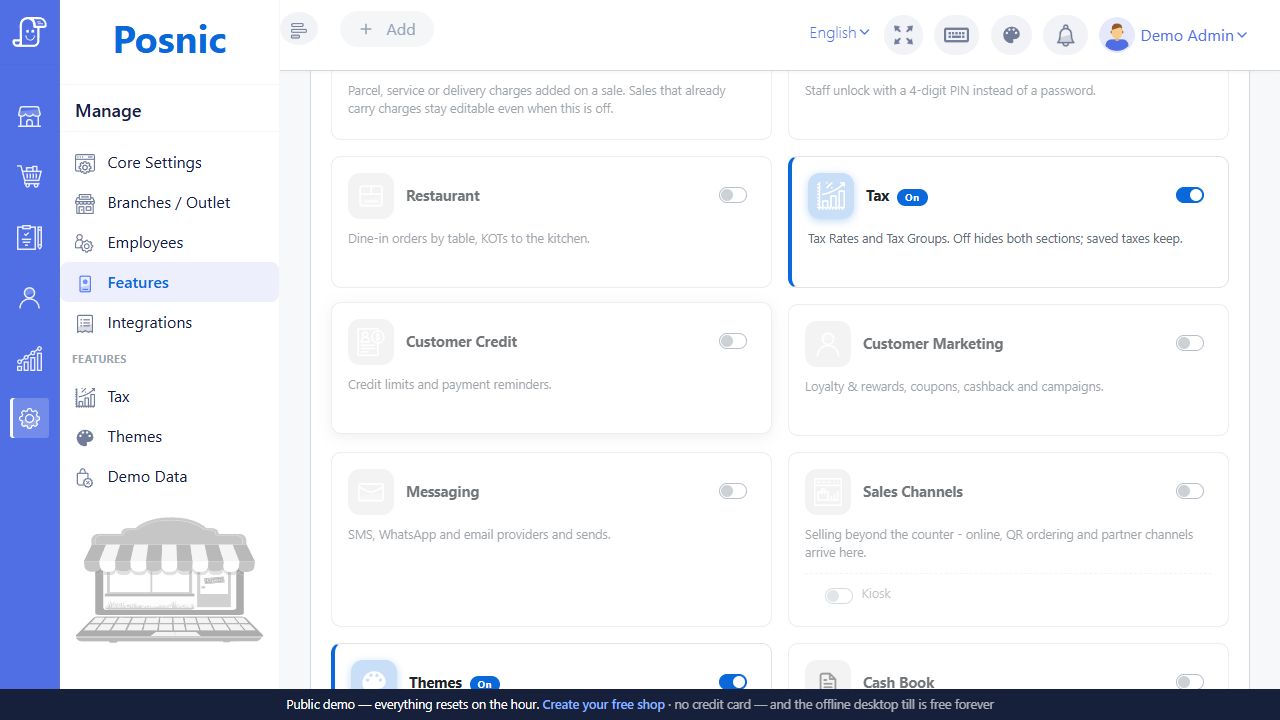 Posnic feature settings used before desktop hardware setup