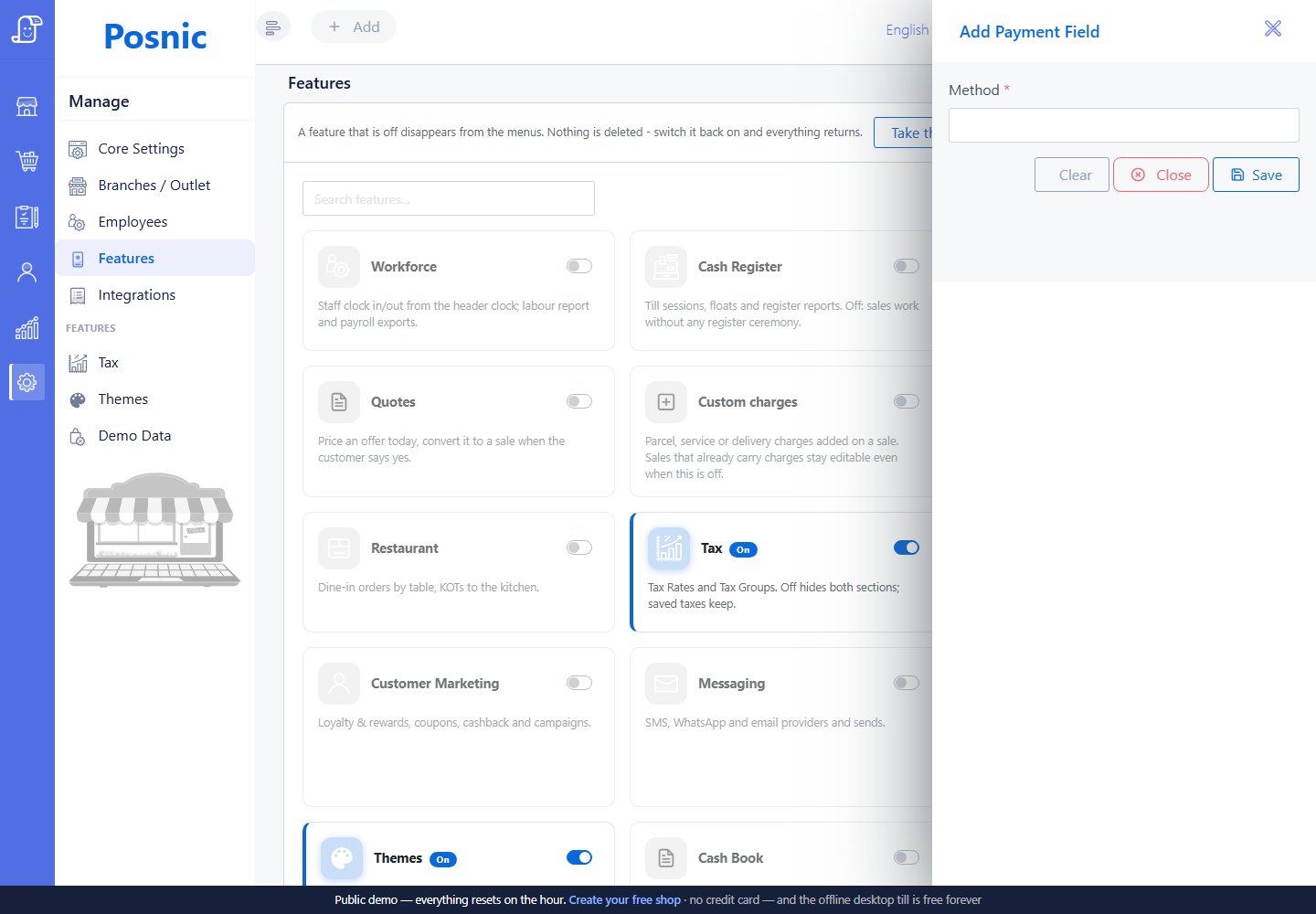Current Posnic settings feature controls where the branch keyboard view option is configured