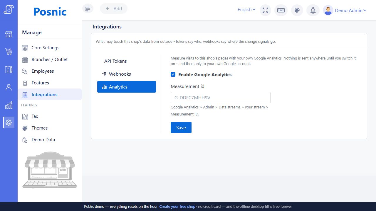 Integrations Analytics tab with Google Analytics enable switch and measurement id