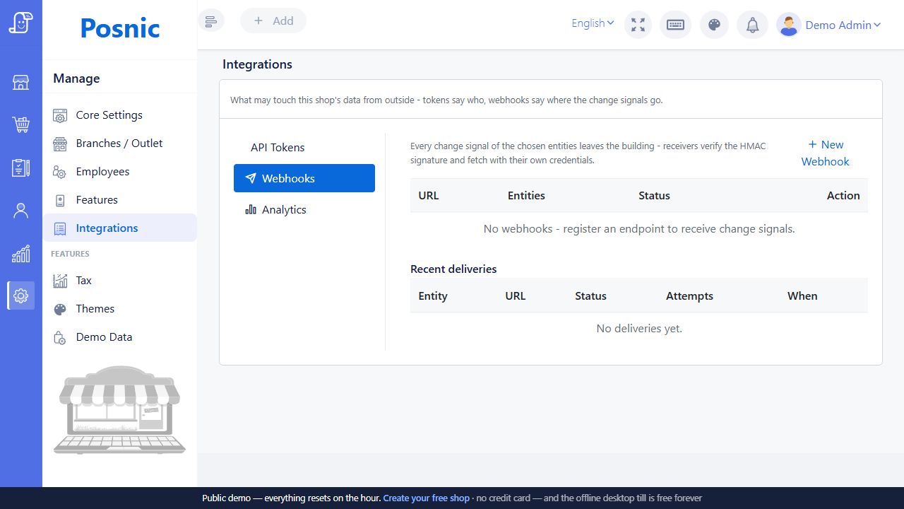 Integrations Webhooks tab with endpoint list recent deliveries and new webhook button
