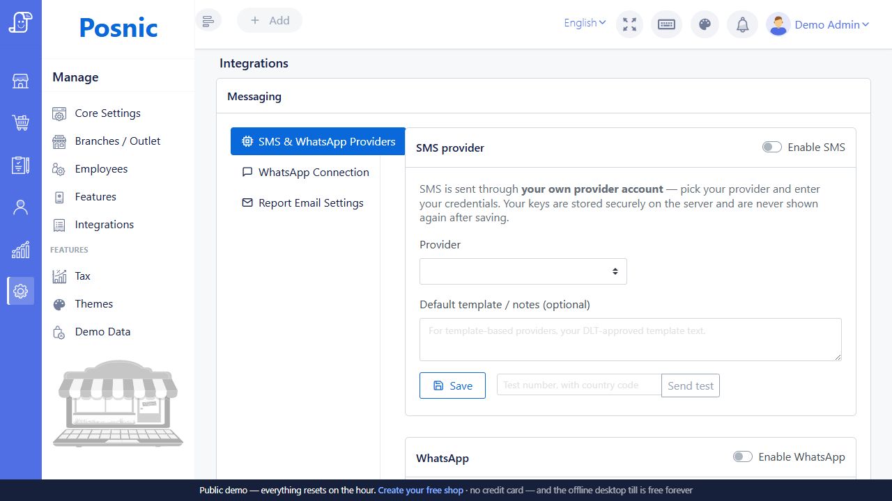 Current Posnic Messaging provider page with SMS enable provider credentials template save and test controls