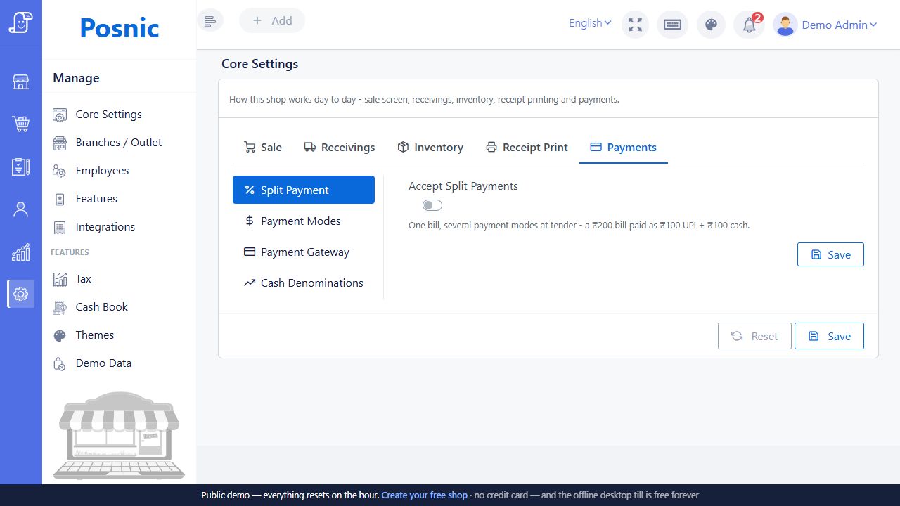 Current Posnic Split Payment settings toggle under Payments