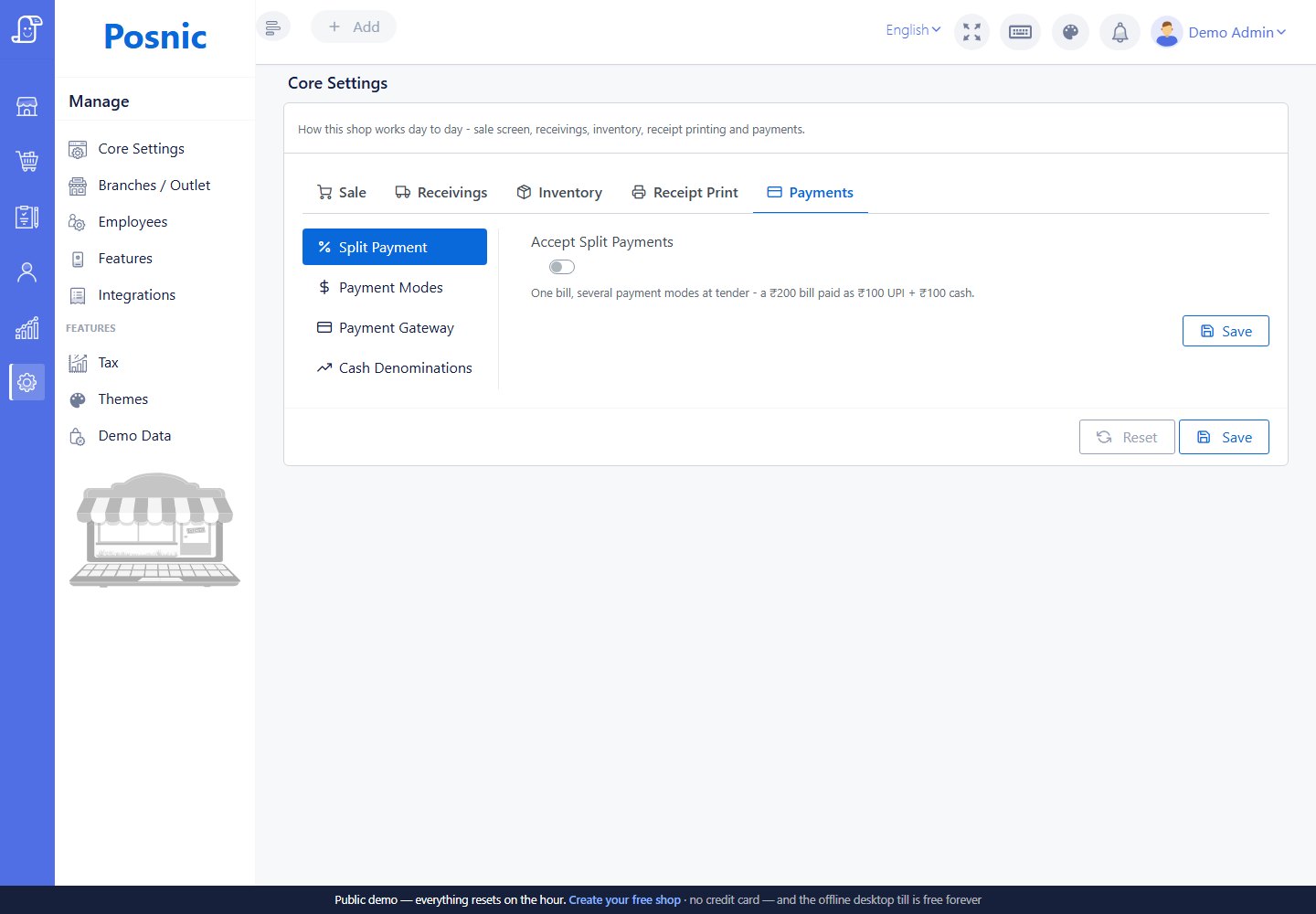 Payments tab with split payment switch