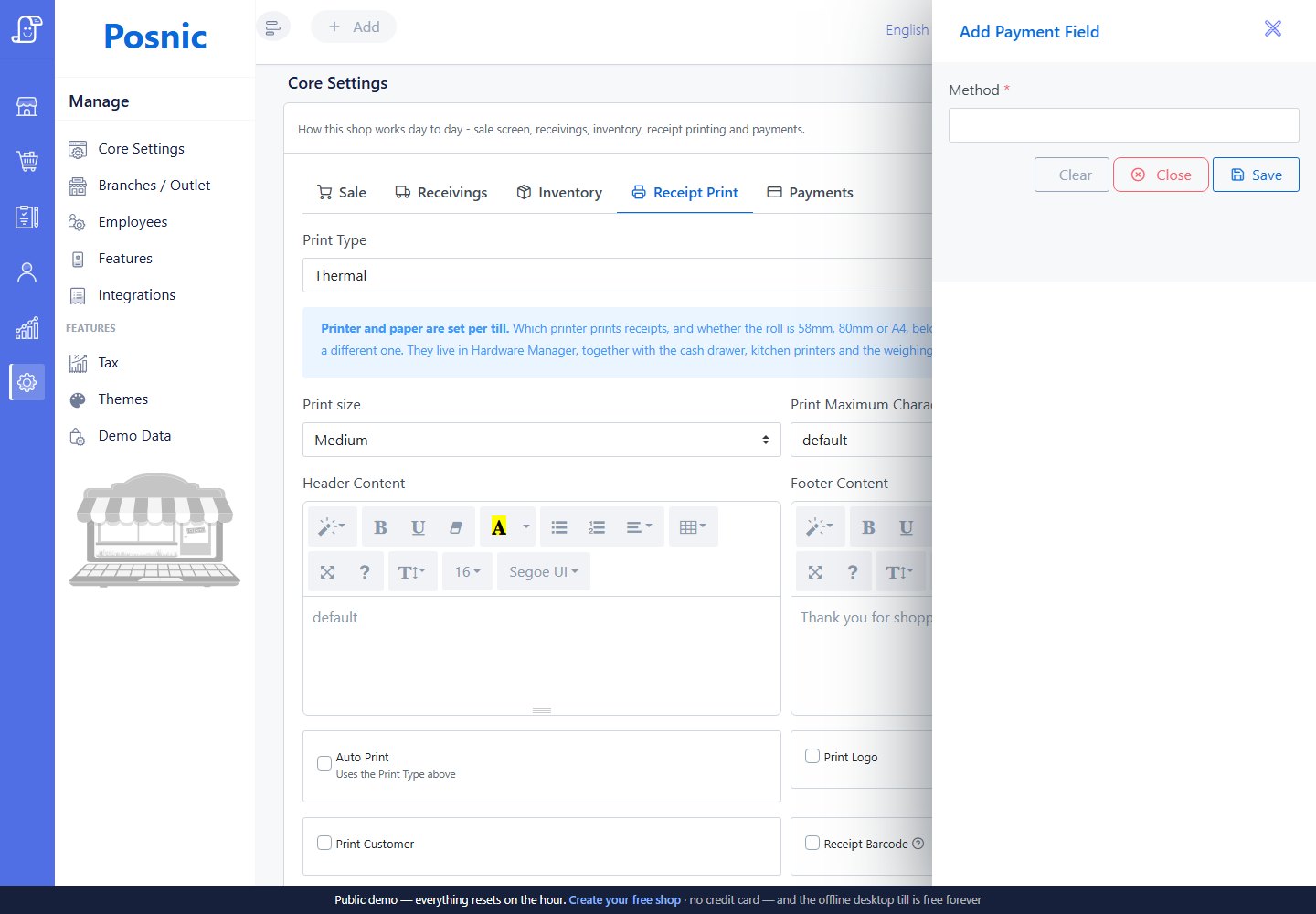 Receipt print settings