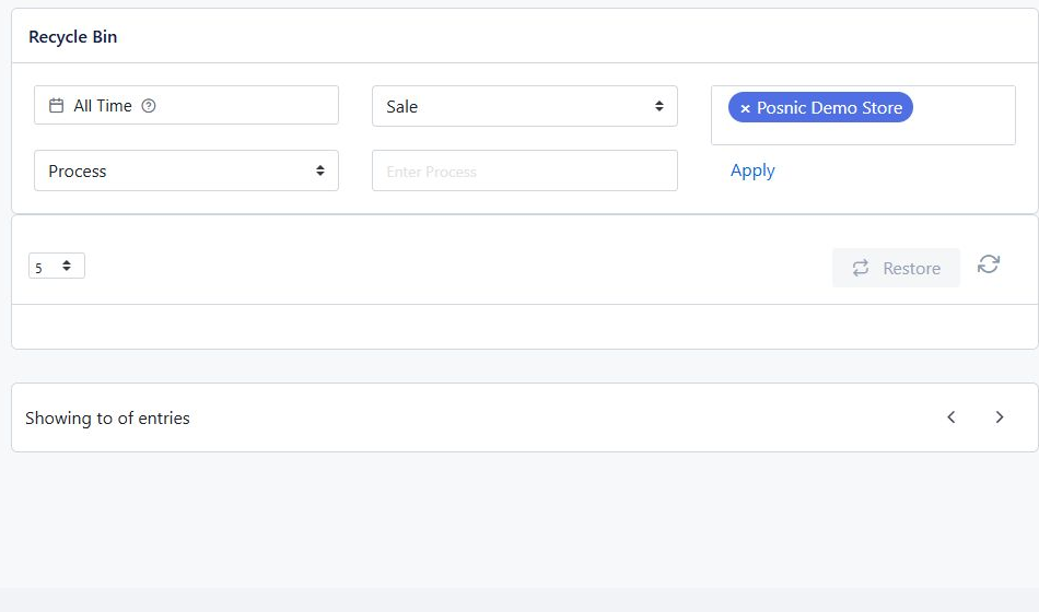 Recycle Bin page with date range table type branch field search apply restore refresh and pagination controls