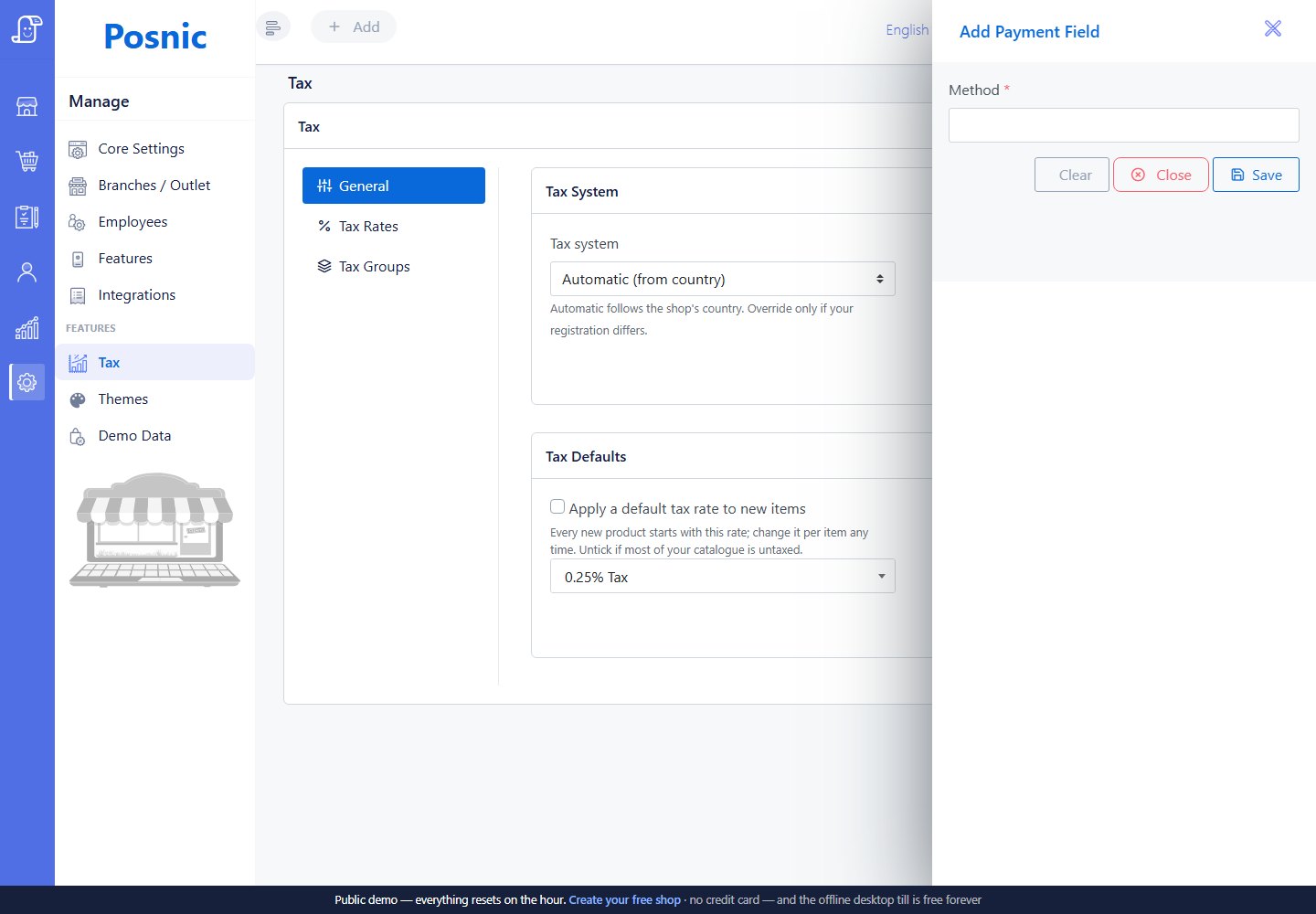 Tax settings page with rates and defaults