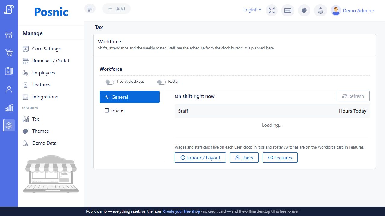 Workforce general tab with tips roster switches on shift table refresh and links to labour payout users and features
