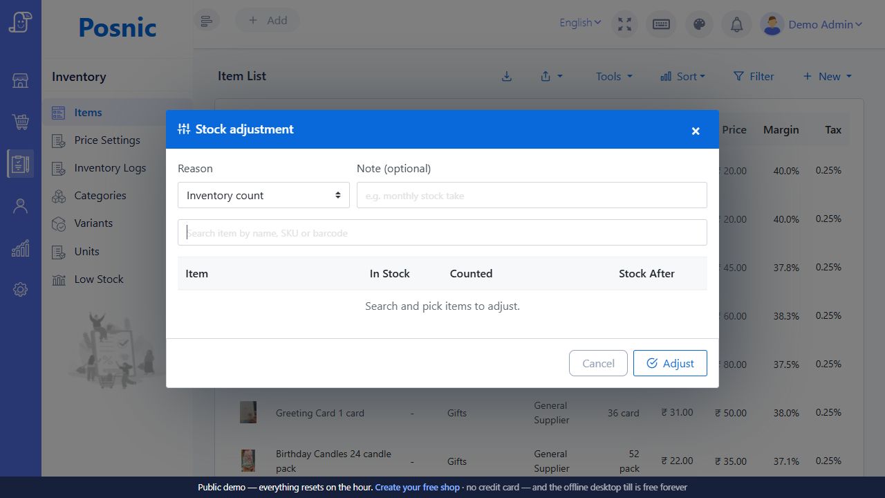 Current Posnic Stock adjustment dialog with reason note item search in-stock counted and stock-after fields