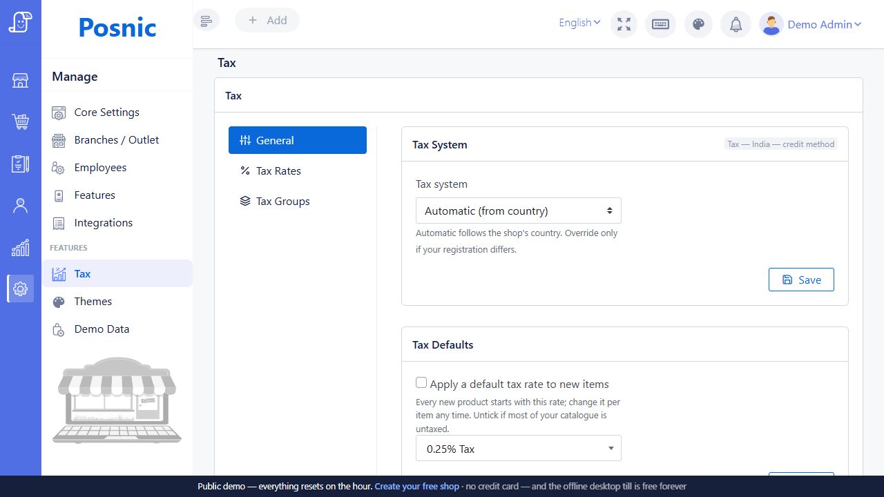 Live Posnic Tax General screen showing the tax system selector and tax defaults
