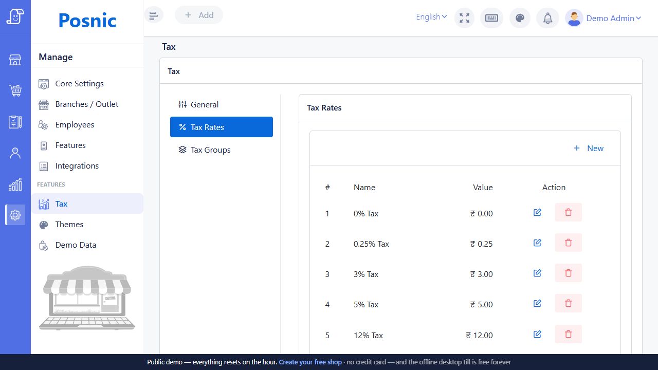 Live Posnic Tax Rates list with names values edit and delete actions