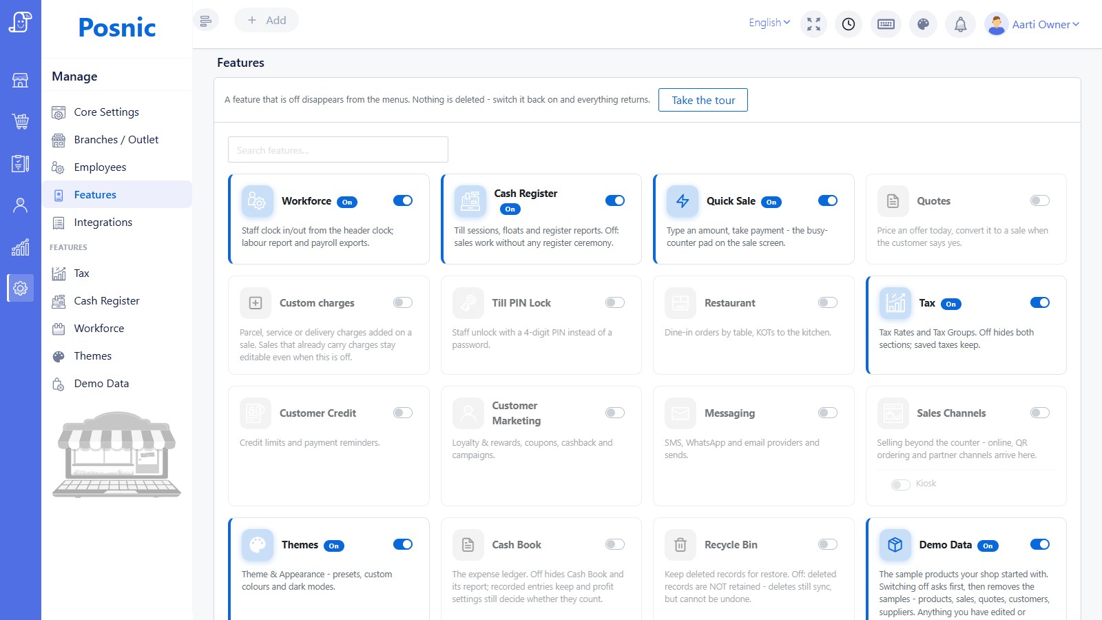 Current Posnic Features page with the Workforce switch enabled