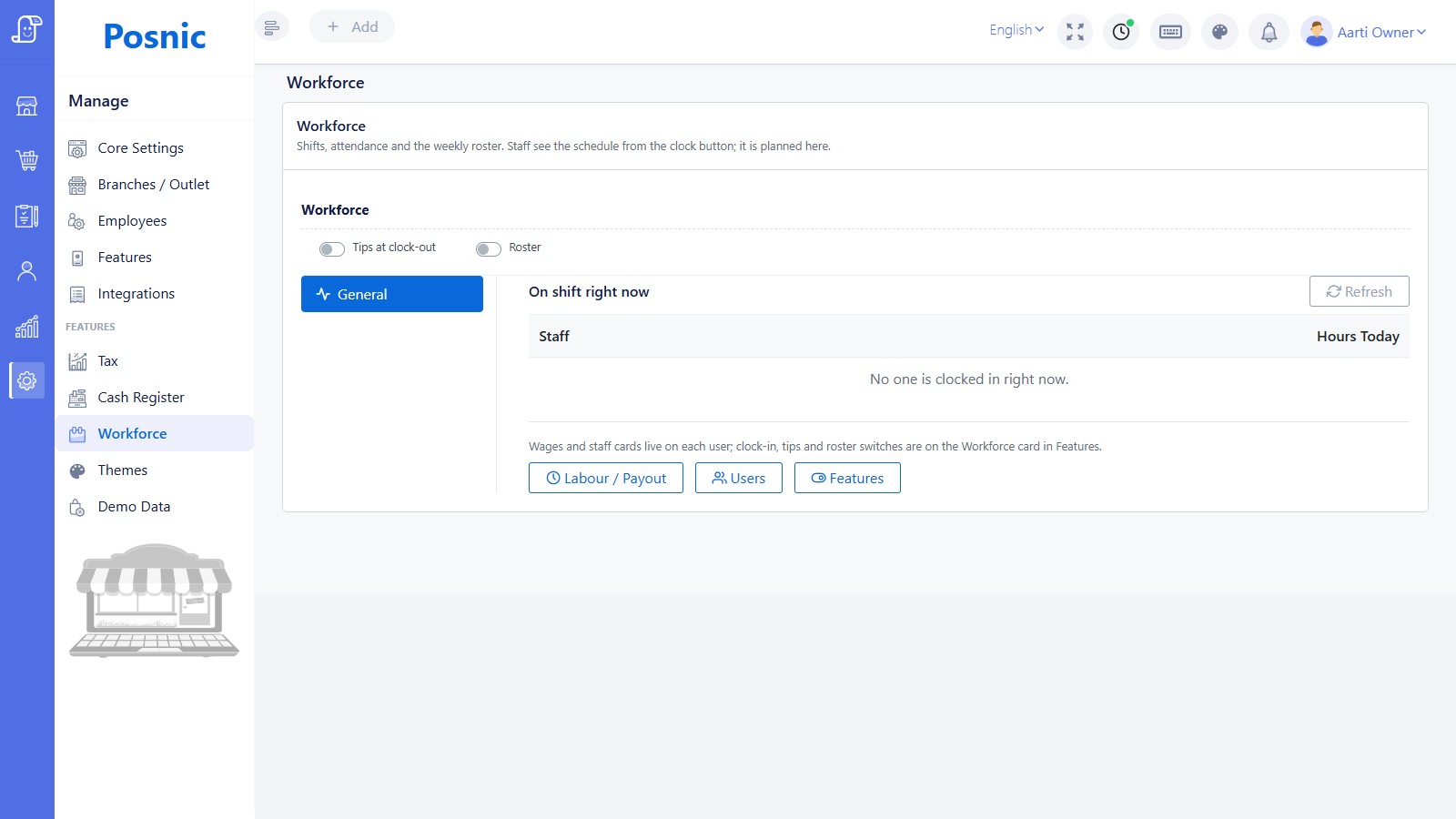 Current Posnic Workforce General page with tips roster controls on-shift table Refresh and links