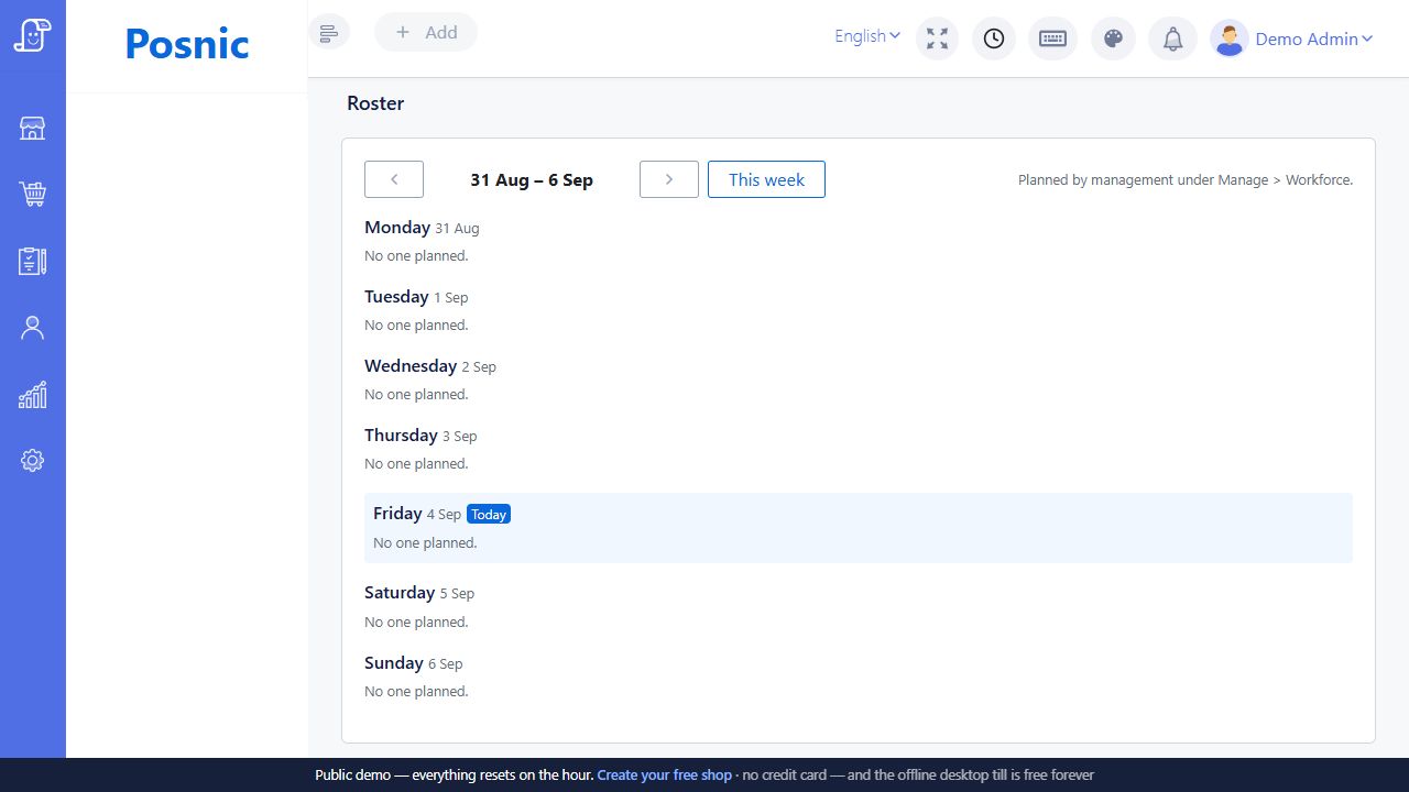 Live Posnic employee roster page showing a seven-day week and week navigation