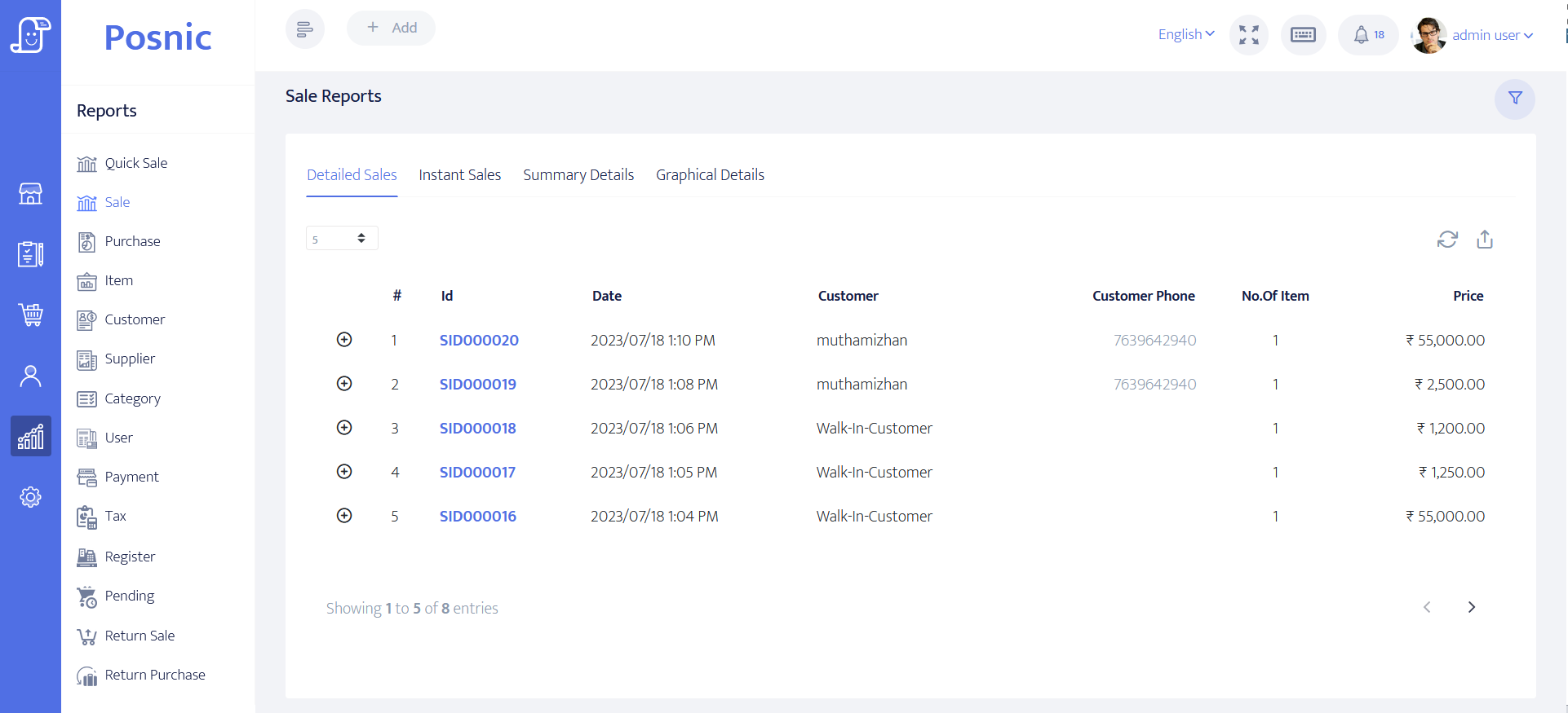 Posnic sales report screen
